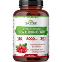 Zazzee 여분 힘 Hawthorn Berry 20:1 추출물, 8000 mg 힘, 2% Vitexin, 150 Vegan 캡슐, 5 달 공급, 집중하고 표준화한 유력한 20X 추출물, 비 GMO 및 모든 자연