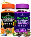 Irish Sea Moss and Black Seed Oil Gummies Bundle - 120 Vegan Gummies Bears - 어린이 및 성인을위한 Elderberry - Ashwagandha 및 꿀이있는 Nigella Sativa