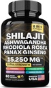 shilajit 9000 mg, Ashwagandha 2000 mg, Rhodiola Rosea 1000 mg, Panax Ginseng 1500 mg, cordyceps 버섯 500 mg, Ginkgo Biloba 500 MG, Sting Nettle 250 mg, Tumeric 500 mg.