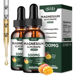 마그네슘 글리세린 액체 하락 보충교재, 마그네슘 글리세라이드 500mg Ashwagandha와 더불어, L - Theanine, Chamomile - 지원 긴장 기복, 뼈, 근육, 계몽 망고 풍미 2Pack