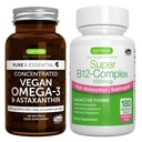 Vegan Omega-3 + Super B12-Complex 1000mcg 채식 뭉치, 지속 가능한 EPA & DHA 조류 기름 1340mg + 높은 흡수는 메틸코발라민, Adenosylcobalamin & Hydroxocobalamin를 가진 하위 언어 비타민 B12를 기름을 바릅니다,