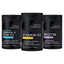 스포츠 연구 트리플 힘 Omega 3 Burpless 물고기 기름 1250mg 야생 알래스카 Pollock, 코코넛 MCT 기름 (125mcg)와 비타민 D3 5000 IU 및 Vegan Biotin 5000mcg 비타민 B7-30 Softgels 각각