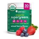 Zena 영양 유기 슈퍼 그린 분말, 70 + Superfoods, 0 설탕, 3G 섬유, Spirulina, Chlorella, 산화 방지제, Prebiotics/Probiotics, 소화 효소, 혼합 Berry, 30 서빙
