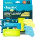 Cliganic Mosquito Repellent 팩 (4 팔찌 + 8 리필 펠릿) - 조절 가능, 천연 DEET-Free, 에센셜 오일 주입