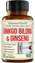 아시아 인삼 및 은행나무 Biloba 보충제 - Panax Ginseng 추출물 700mg + Ginko Biloba 720mg - 메모리, 초점 및 지속 에너지를위한 Nootropic 두뇌 보충 - 60 Easy-to-Swallow 캡슐