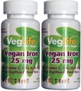 VegLife Vegan Iron 25 mg | Plus Vitamin C, Folic Acid, B-12 및 VegiBlend Food Base | 여성용 플랜트 기반 철 보충 | 100 정제 | 2 팩