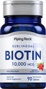 Piping Rock Biotin 10000mcg 빠른 용해 정제 | 90 Count | Berry flavor Sublingual Pills | Max Strength and High Absorption | Vegetarian, Non-GMO, 글루텐 무료 보충