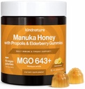 KINDNATURE Manuka 꿀 의학 급료 Gummies MGO 643+ - 아연, 비타민 C, Elderberry를 가진 뉴질랜드 Manuka 꿀 - Throat Comfort & Immune 지원 - 아이 & 성인