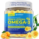 Vegan Omega-3 Gummies 1000mg +CoQ10+Magnesium- EPA 600mg & DHA 400mg의 물고기 기름 오메가 3는 여자를 위한 대안을 보충합니다 성인 Liposomal 모양 - 조류 식물 스테롤, 마늘, B6, B9, B12, 설탕 자유로운