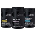 스포츠 연구® 건강한 머리 팩 - 유기 코코넛 오일 + Vegan 비타민 D 5000iu & Mk7 비타민 K 100mcg + Omega-3 물고기 기름 1250를 가진 Biotin 5,000mcg