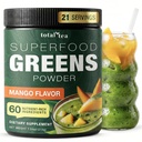 총 차 슈퍼 그린 분말 보충, 녹색, 과일, 야채, Vegan 음료 Spirulina, Chlorella 및 비타민 25 서빙 - Mango