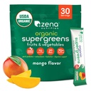 Zena 영양 유기 최고 녹색 분말, 70+ Superfoods, 0 설탕, 3G 섬유, Spirulina, Chlorella, 버섯, Prebiotics/Probiotics, Gut 건강, Mango, 30 음료 혼합 소포를 위한 소화 효소