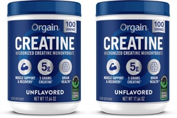 Orgain Creatine Monohydrate Micronized 분말, 100개의 서빙, 불완전한, 지원 근육 성장, 포스트 운동 회복 및 뇌 건강, 남자 & 여자를 위한 인공 첨가물 없음, 빈곤, (2의 포장)