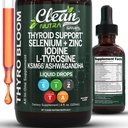 ThyroBloom Thyroid 여성 액체 드롭 Iodine L-Tyrosine Selenium 구리 Ashwagandha 아연 Kelp Bladderwrack Schisandra Guggul Turmeric 비타민 A D3 B12 Folate 보충 Clean Nutra 4oz