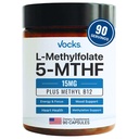 Vocks L Methylfolate 15mg 5-MTHF + 메틸 B12 | 높은 Potency Methylfolate 보충교재 | 활동적인 메틸을 꿴 Folate 비타민 B9 | MTHFR 보충교재|여성을 위한 Folate 보충교재|90의 캡슐