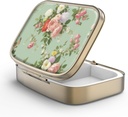 Pill Case Pill Box with Mirror Retro 2 Compartment Purse 또는 포켓 청동 직사각형 알약 상자 또는 비타민, 생선 기름, 보충제, Pill Containe 여행 선물 (Retro Green Floral)