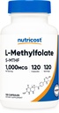Nutricost Methylfolate 1000mcg, 120 채식 캡슐 - 글루텐 무료, 비 GMO (Methylated Folate)