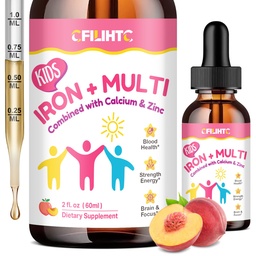 Liquid Iron Supplement for Kids, Women & Men - with Calcium, Zinc, Kids Multivitamin with Iron Drops - Blood Builder & Energy Support for Iron Deficiency, Anemia, Peach Flavor 2 Fl Oz