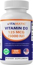 Vitamatic 비타민 D3 5000 IU (125 mcg) - 500 소형 Softgels 올리브 오일 기반 공식 - 냉간 압력 - 500 일 공급 - 뼈, 근육 및 면역 건강 지원 - 비 GMO 및 글루텐 - 무료