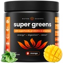 NutraChamps Super Greens Powder Premium Superfood | 20+ Organic Green Veggie Whole Food | 밀 잔디, Spirulina, Chlorella | 산화 방지제, 소화 효소 및 프로바이오틱 혼합 (9.0 OZ, 망고)