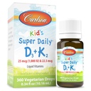 칼슨 - 아이의 슈퍼 매일 D3 + K2, 25 mcg (1,000 IU) D3 & 22.5 mcg K2, 비타민 D 드롭 비타민 K2, 액체 비타민, 1000 IU 비타민 D3, 심장 & 뼈 건강, 1 년 공급, 불연, 360 드롭
