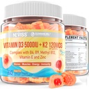 비타민 D3 5000IU + K2 (MK-7) 120mcg, 설탕 자유로운 비타민 D3 K2는 비타민 B 복잡한 - 메틸 B12, B9, B6를 가진 Gummies를 채웠습니다 | 비타민 E & 아연, MCT 기름 - Bone & Teeth 힘, 면역성이 있는, 2PACK