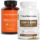 Real Mushrooms RealBoost (60ct) 및 Lions Mane (120ct) 캡슐 묶음 - 에너지, 활력 및 활력을위한 버섯 보충 - 에너지 및 두뇌 비타민 w/Cordyceps, 인삼, Guayusa - Vegan, Non-GMO