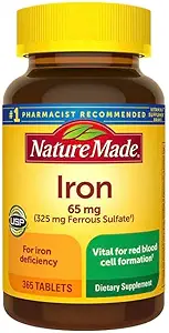 Nature Made Iron 65 mg 365 Tablets (325 mg Ferrous Sulfate), 적혈구 지원, 365 정제, 365 일 공급을위한 규정식 보충 교재