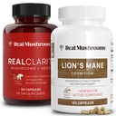 Real Mushrooms RealClarity (60ct) 및 Lions Mane (120ct) 캡슐 번들 - 뇌 건강, 정신 Clarity, 초점, Cognition & 면역 지원을위한 버섯 보충 - 두뇌 비타민 w / Ashwagandha