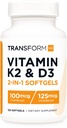 TransformHQ 비타민 K2 (MK7) (100mcg) + 비타민 D3 (5000 IU) 120 Softgels - 글루텐 무료 및 비 GMO