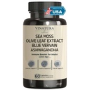 VINATURA Organic Sea Moss, Blue Vervain - 검은 씨앗 오일, Ashwagandha, Ginger, Burdock Root Capsules - 서빙 당 1250mg, *USA Made &Tested * 성인용 면역 부스터