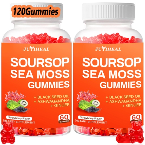(2 Pack) Soursop Graviola with Sea Moss Gummies, 10-in-1 Soursop Leaves Extract with Vitamin C, Zinc for Immunity and Antioxidant, Gluten Free, Vegan 120 Gummies