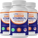 Vitamatic 3 팩 비타민 D3 50,000 IU (Cholecalciferol로), 일주일에 한 번 복용량, 1250 mcg, 60 Veggie 캡슐 1 년 공급, 비타민 D 결핍을 돕는 진보적인 공식