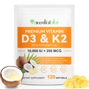 비타민 D3 K2 보충교재 Softgels, 10000 IU VIT D3 + 200 MCG K2 (MK-7) | 2-in-1 코코넛 오일, 칼슘 흡수 지원, 삼키기 120 캡슐에 쉬운.