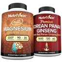 Nutrivein Premium Magnesium L-Threonate & Panax Ginseng 보충 번들 : 높은 흡수 마그네슘 Threonate and Red Ginseng Supplement Pair for Brain, Mood 및 Vitality