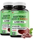 CoQ10를 가진 빨간 효모 밥 1200 mg 캡슐 - 건강한 콜레스테롤 수준, 초본 심장 건강 채식주의자 빨간 효모 밥 보충교재 - 여자 & 남자를 위한 CoQ10를 가진 빨간 밥 효모 - 120 Ct (2 팩)