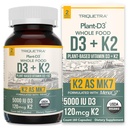 유기 플랜트 D3 + K2 | 5000 iu D3 + 120 mcg K2 으로 All-Trans MK7 의 MenaQ7 ® - 100% 전체 식품, 원시 및 채건 | Prebiotic & Superfood Complex 의 소화 강화 – 유기 조류 (60 개)