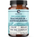 마그네슘 Ashwagandha | 성인용 칼슘 보충 | 휴식, 휴식, 캘름 무드 & 수면 지원 | Mag Citrate & oxide 400 mg + Ashwagandha 500 mg | 근육 건강 및 스트레스 완화 | 120 Ct