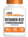 BulkSupplements.com 비타민 B12 캡슐 - Cyanocobalamin, 비타민 B 보충, 비타민 B12 200 mcg - 에너지 비타민, 글루텐 무료, 서빙 당 1 캡슐, 500 캡슐 (1 팩)