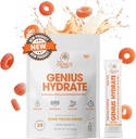 Genius 브랜드 Genius Hydrate - 매일 Hydration 용 Electrolyte 보충 - 코코넛 워터 - Sugar-Free - 8 Essential Minerals & Nutrients - Non-GMO - Sour Peach Rings - 20 서빙