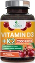 비타민 D3 K2 2000 IU 플러스 K2 (MK-7) 75 mcg - 뼈, 이, 근육, 칼슘 흡수, 지원 면역 & 심장 건강, 비 GMO 체할 수 있는 공식 - 180 정제를 위한 비타민 D & K 복잡한 보충교재