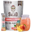 Salud 2-in-1 에너지 음료 분말 + 초점, 복숭아 레몬, 유기 카페인, B6 + B12, Theanine, 청정 에너지 음료 패킷, Agua Fresca Mix, Non-GMO, 글루텐 무료, Vegan, 설탕 1g, (15 서빙)