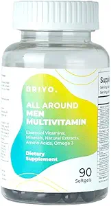 Briyo All Around Men - Multivitamin for Men with 38 Essential Vitamins, Minerals, Omega 3 및 Plant Extracts - Energy Immunity 지원 - 매일 깨끗한 캡슐에 강한 라이브
