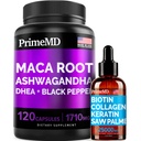 4-in-1 액체 Biotin Collagen Keratin은 Palmetto Drops (2 fl oz - 1 Pack) & 6-in-1 Maca Root Ashwagandha w Black Pepper Fruit (120ct) 번들 - 헤어, 피부, 손톱, 에너지 및 무드 지원 보충교재
