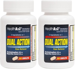 HealthA2Z® Dual Action Pain Relief | Acetaminophen 250mg & Ibuprofen (NSAID) 125mg | Contains Two Medicines | Relief from Headache, Fever & Backache (150 Caplets) (Pack of 2)