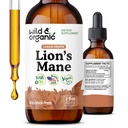 Wild & Organic Lions Mane Liquid Drops - Focus & Brain Support - Lions Mane Supplement - Hericium Erinaceus Mushroom Extract Tincture - Vegan, 알코올 및 설탕 무료 - 2 fl oz