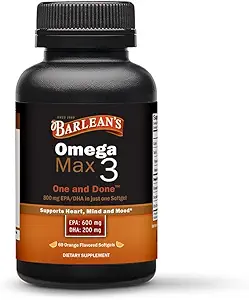 Barlean의 이상적인 오메가 최대 3 어유 보충제, 1000 mg Softgels, EPA 및 DHA 지방산 알약 남성과 여성, 오렌지 맛, 60 조사