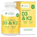 Purely Holistic 비타민 D3 125mcg와 비타민 K2 90mcg MK7-4 달 공급 150 채식 캡슐 - 비타민 D3 & K2 Menaqunione - 미국에서 만드는 고강도 Cholecalciferol