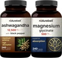 NatureBell 마그네슘 글리세린 캡슐 500mg & Ashwagandha 검정 고추 번들 팩과 동등한 12,500 mg | 킬레이트 및 정제 미네랄 | Adaptogens Relaxation에 대 한 보충 교재