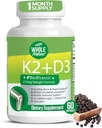 BioPerine과 K2 D3 비타민 보충 - 비타민 K와 D - 고급 D3K2 VIT 5000 IU - 60 Vegan D3 Plus K2 MK-7 복합 영양 캡슐 심장 및 뼈 건강 (1